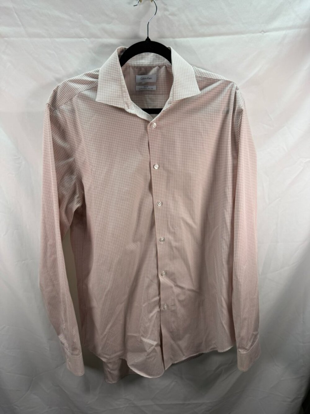 Calvin Klein Mens Shirt 16.5 34/35 Slim Fit Performance Non Iron Lt Pink Check
